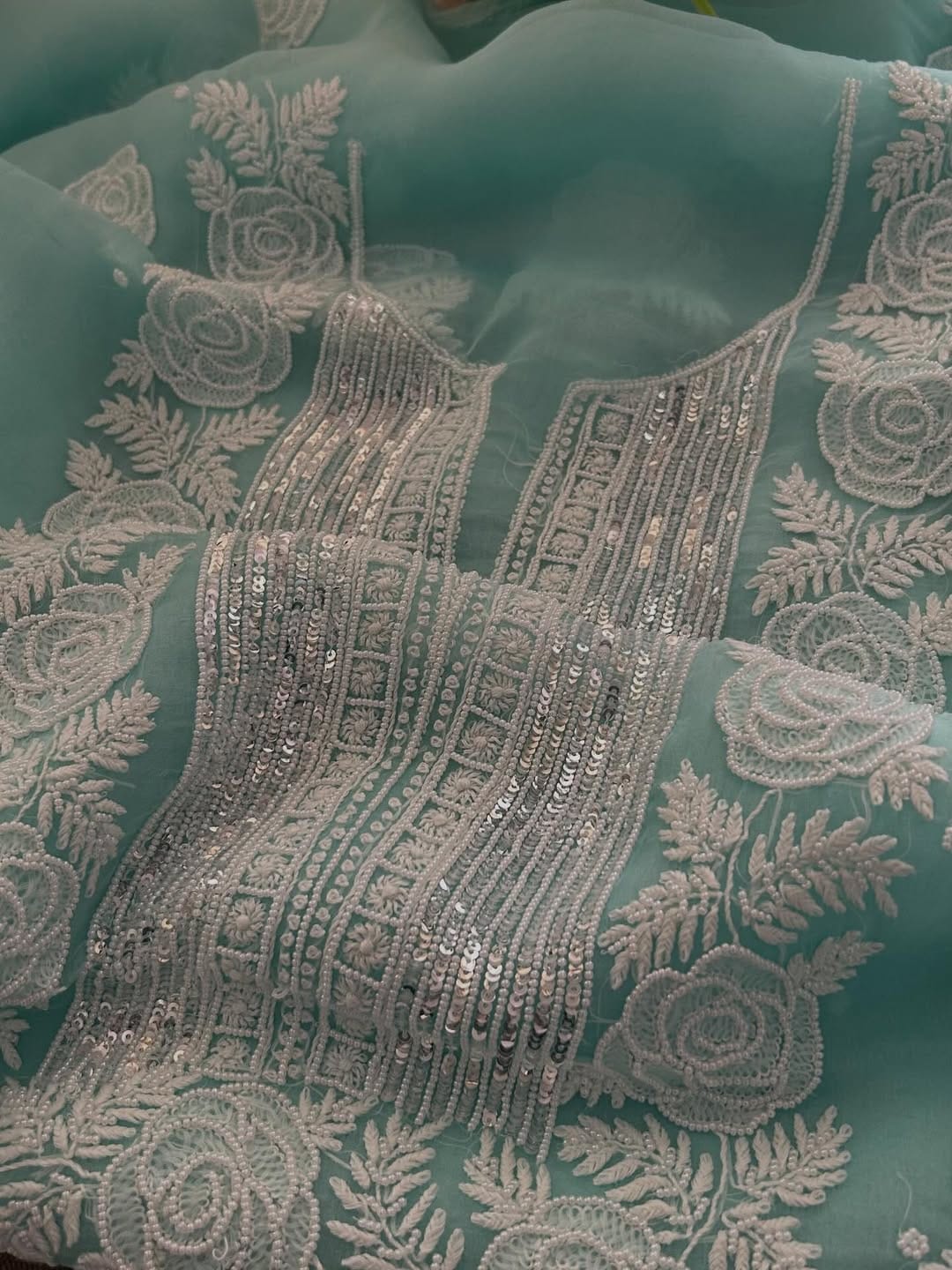 Indian Chiknkari With Embellishments Pearls Sequence Cutdana