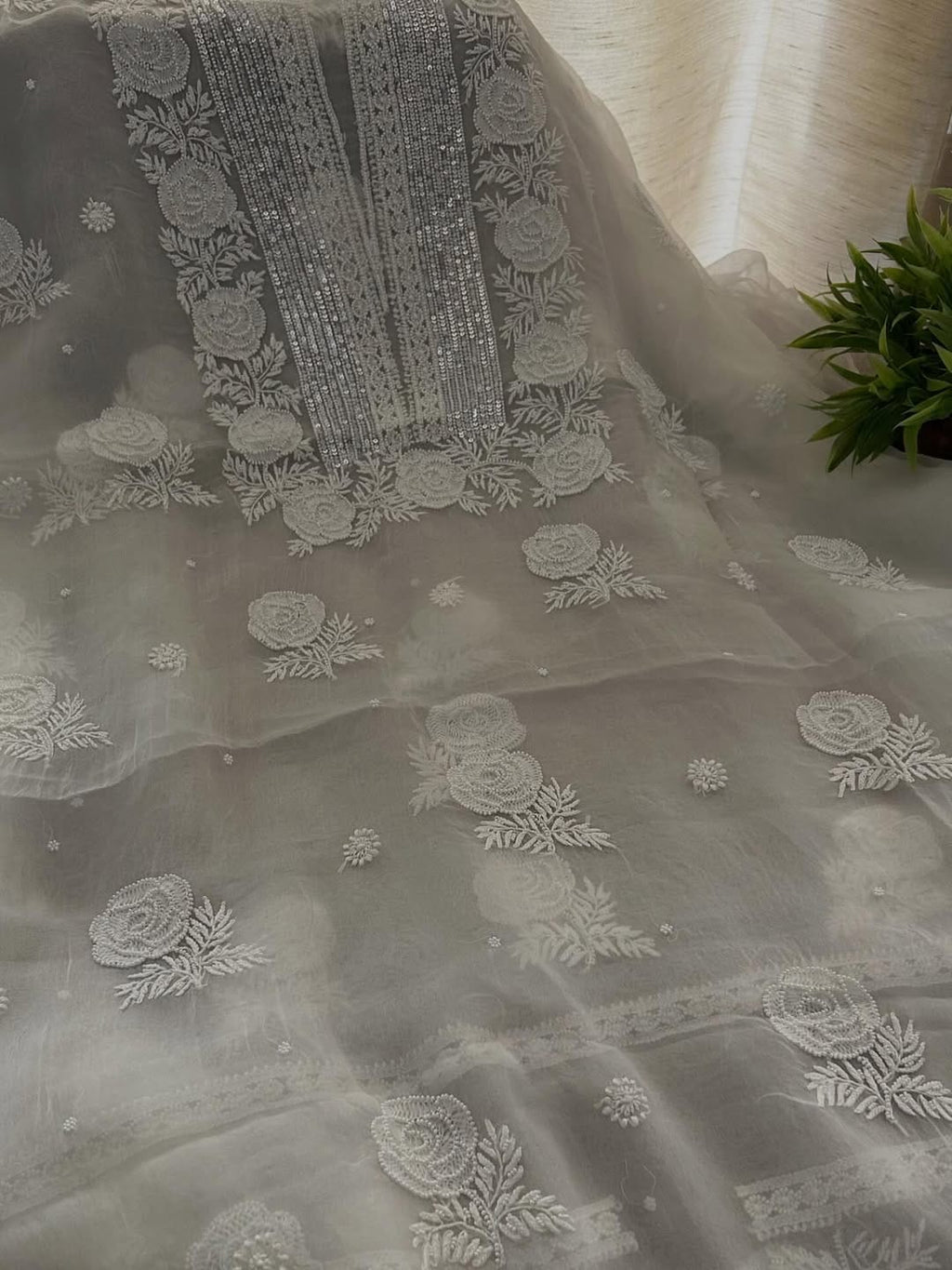 Indian Chiknkari With Embellishments Pearls Sequence Cutdana
