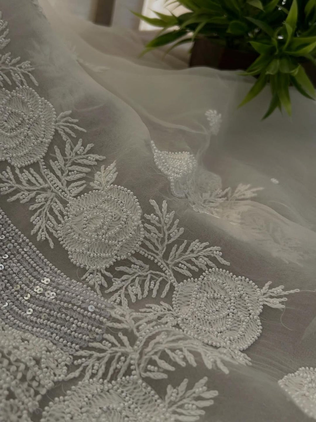 Indian Chiknkari With Embellishments Pearls Sequence Cutdana